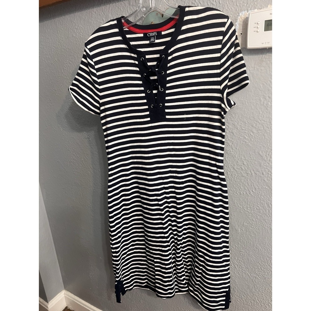 Chaps T Shirt Dress Blue White Striped Size Large Lace Up Women